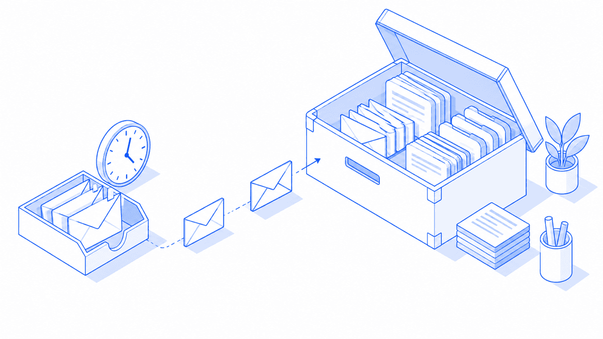 Blue isometric illustration of envelopes moving from an inbox tray to an archive box, with a clock for scheduled messages.